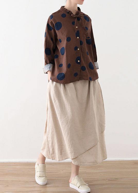 Spring Coffee Dot Contrast Linen Blouse - Omychic