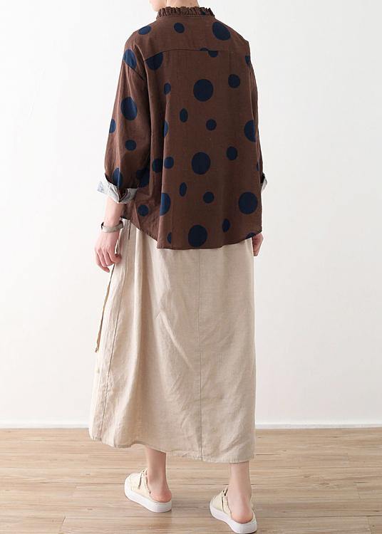 Spring Coffee Dot Contrast Linen Blouse - Omychic