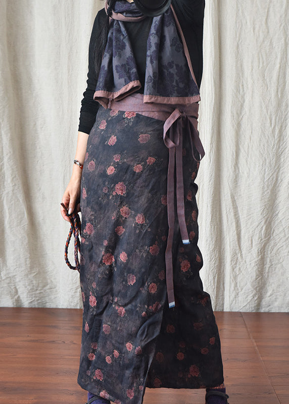 Spring Ethnic Style Black Printed Linen One-Piece Lace Up Skirt