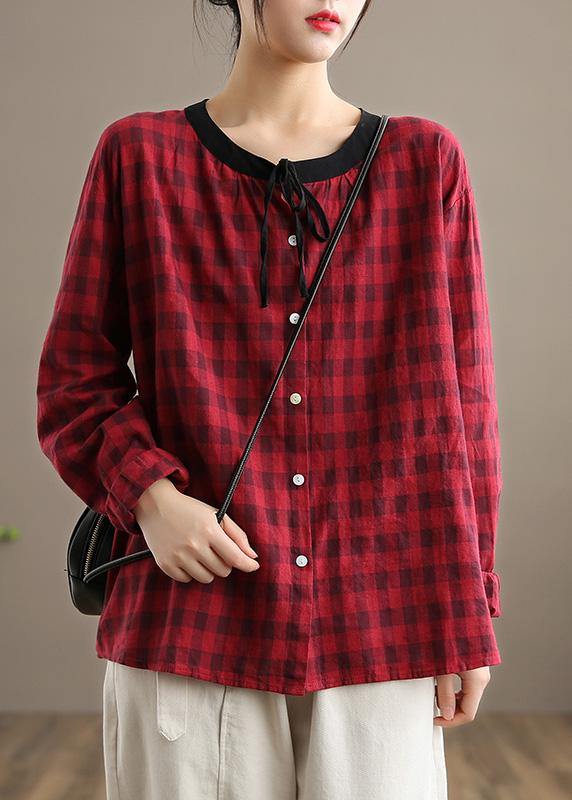 Spring Red Plaid Linen Shirt Blouse - Omychic