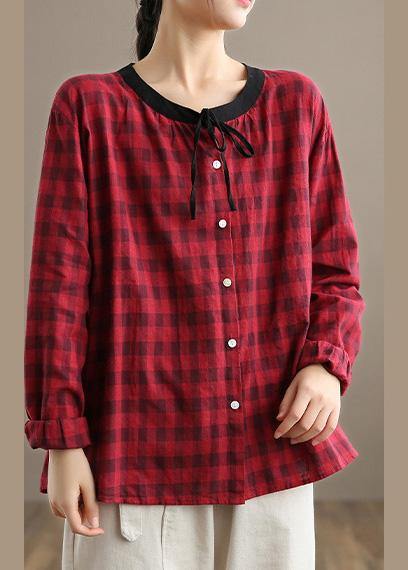 Spring Red Plaid Linen Shirt Blouse - Omychic