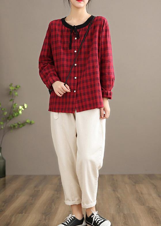 Spring Red Plaid Linen Shirt Blouse - Omychic