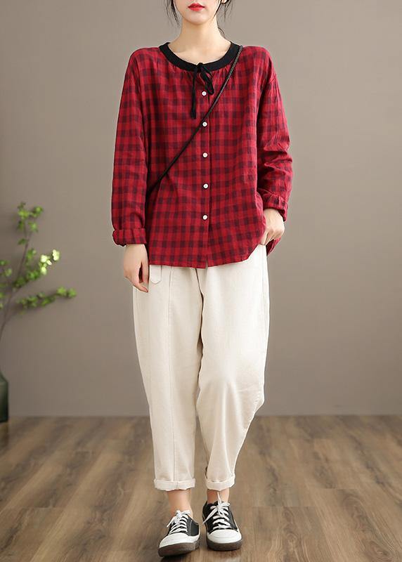 Spring Red Plaid Linen Shirt Blouse - Omychic