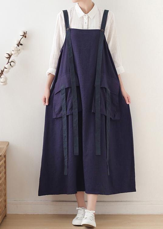 Spring Summer Cotton Skirt Blue Loose Large Sleeveless Dress - Omychic