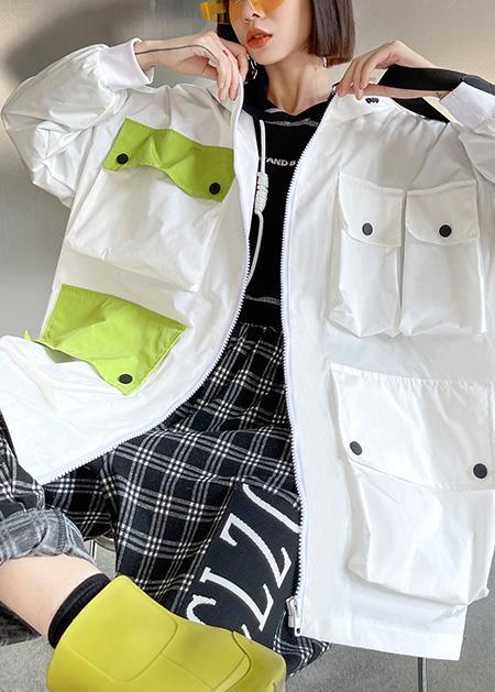 Spring Unique White Colorblock Pockets zippered Hooded Cotton Jacket - Omychic