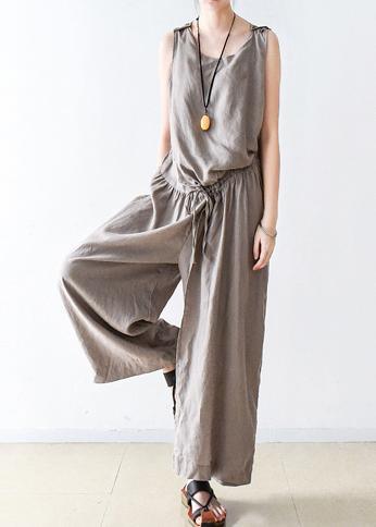 Spring Women Cotton Hemp Loose Wide Leg Jumpsuit Casual Pants - Omychic