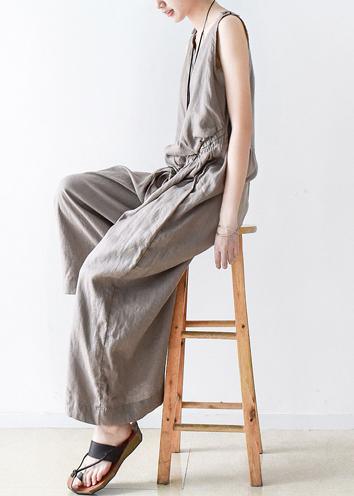 Spring Women Cotton Hemp Loose Wide Leg Jumpsuit Casual Pants - Omychic