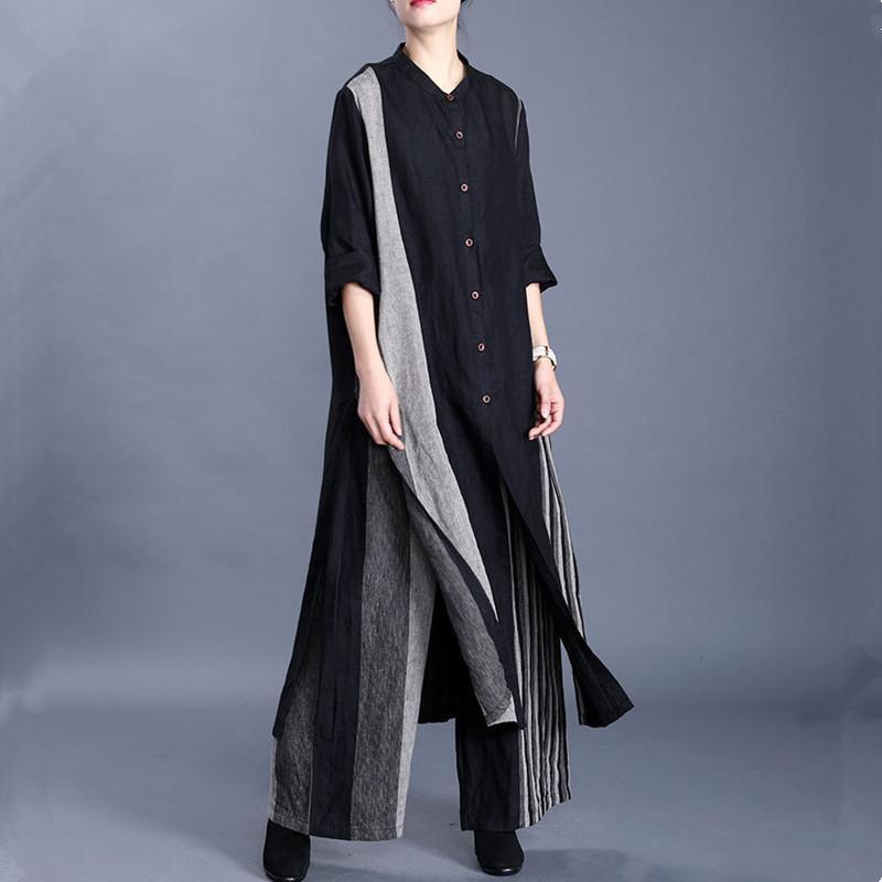 Spring Women's Vintage Cotton Linen Black Striped Long Cardigan Top Loose Wide Leg Pants - Omychic
