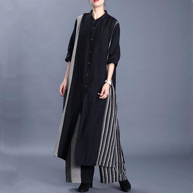 Spring Women's Vintage Cotton Linen Black Striped Long Cardigan Top Loose Wide Leg Pants - Omychic