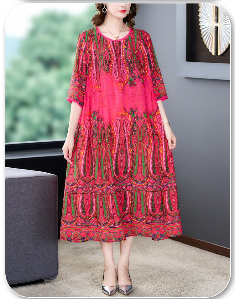 Vintage O-Neck Rose Satin Decorative Dress
