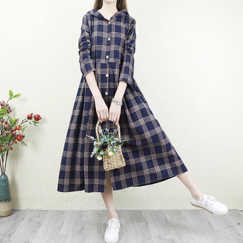 Spring blue Plaid coat Loose fitting hooded Button Down long coat - Omychic