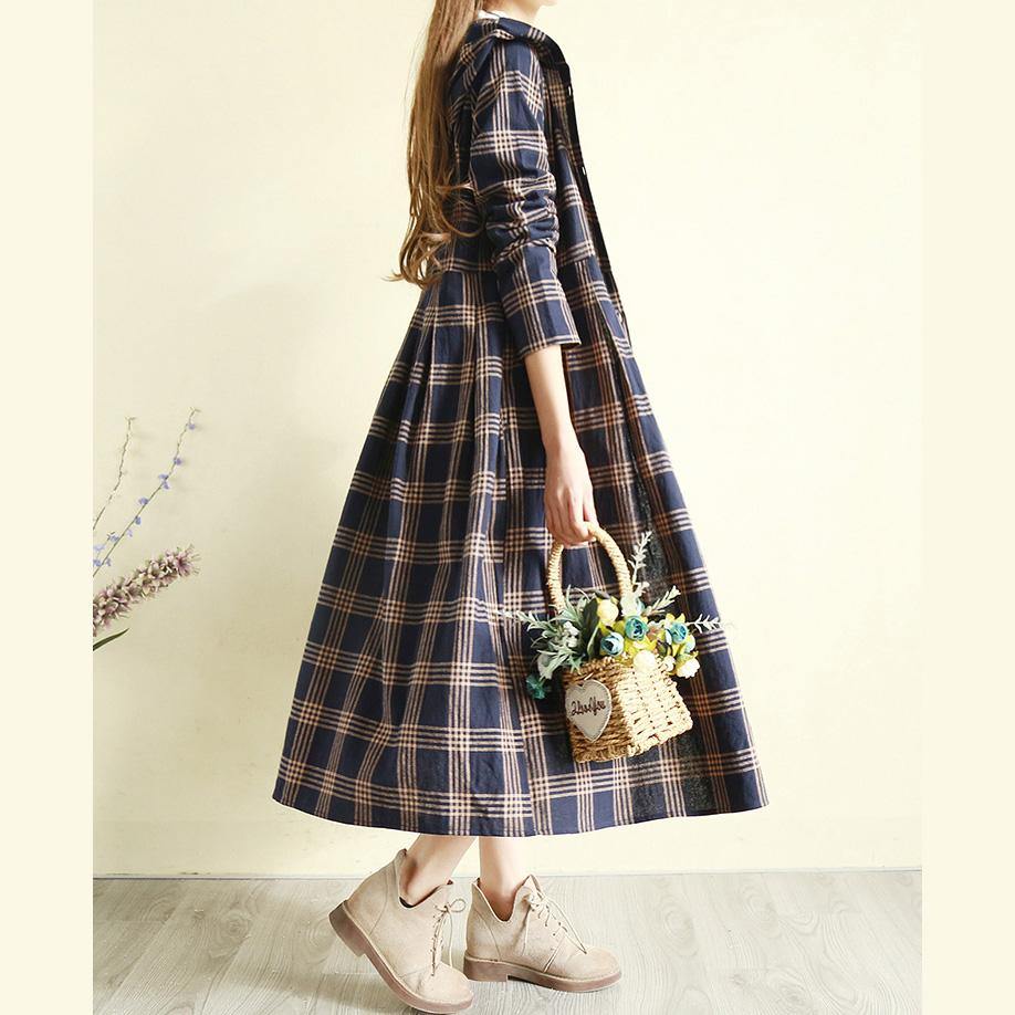 Spring blue Plaid coat Loose fitting hooded Button Down long coat - Omychic