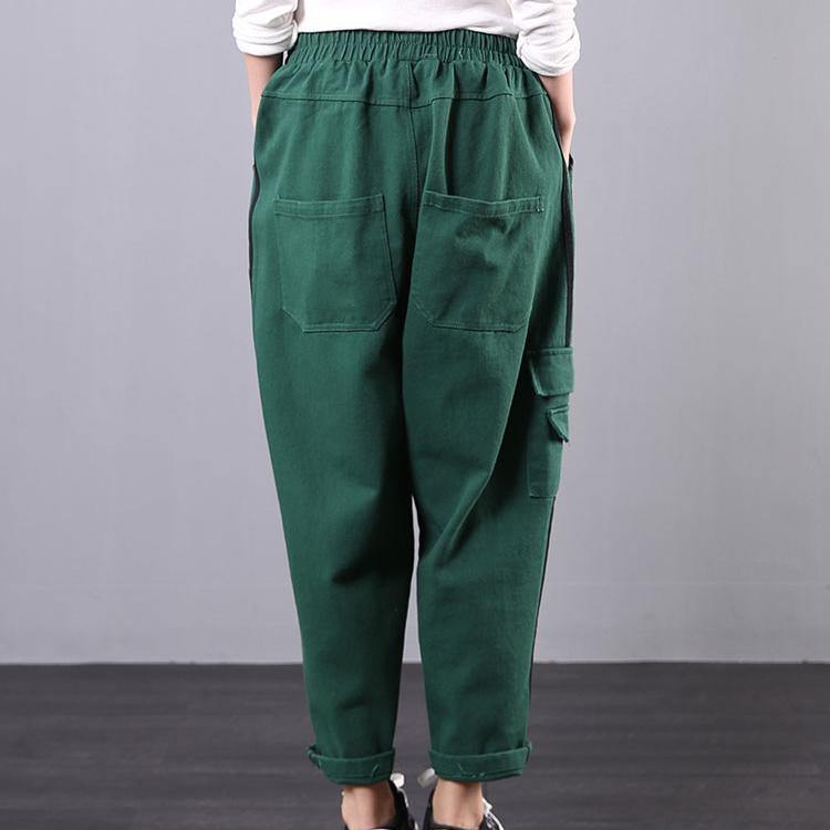 Spring loose art stripe tooling pocket green stitching harem pants women - Omychic