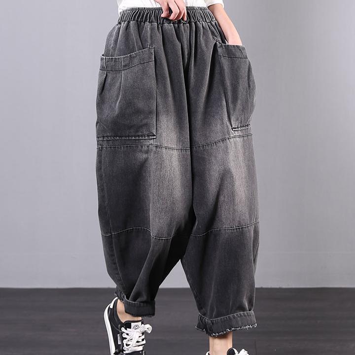 Spring loose large size retro black gray distressed jeans female Harem pants - Omychic