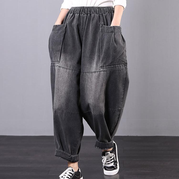 Spring loose large size retro black gray distressed jeans female Harem pants - Omychic