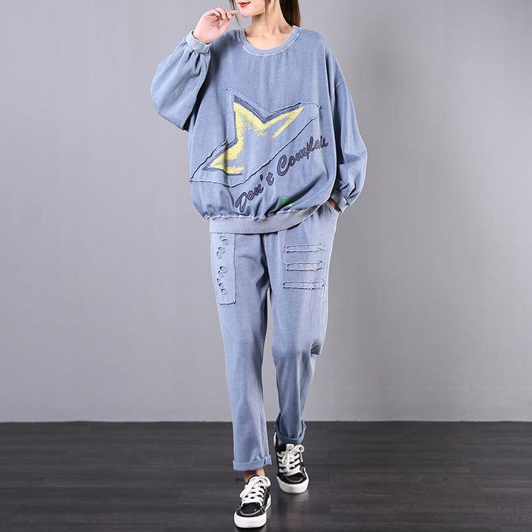 Spring loose large size retro blue casual sports two-piece suit - Omychic