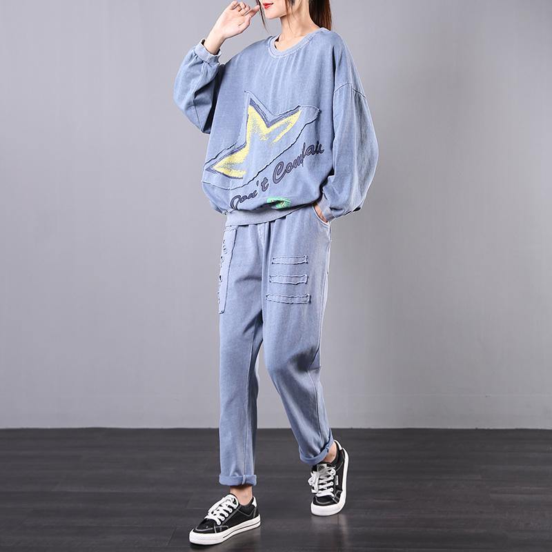 Spring loose large size retro blue casual sports two-piece suit - Omychic