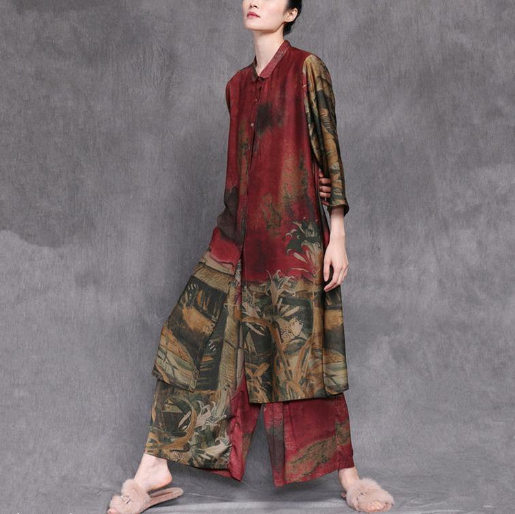 Spring plus size women's art retro silk blend red printed long shirt + loose wide leg pants two-piece suit - Omychic