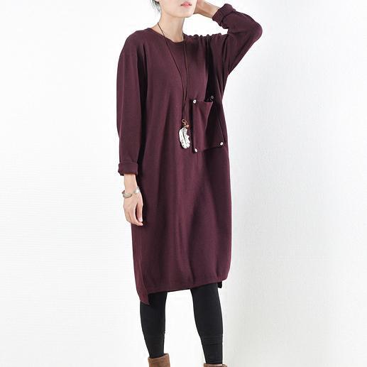 Spring burgundy knit sweaters oversize knit dresses casual pockets - Omychic