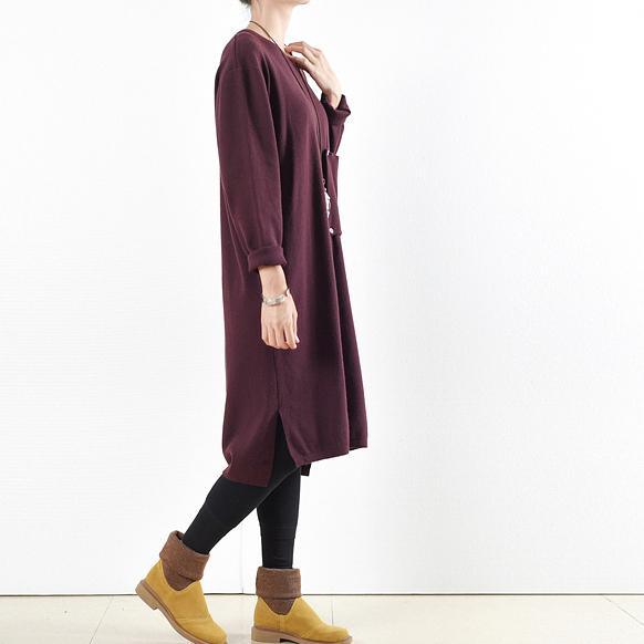 Spring burgundy knit sweaters oversize knit dresses casual pockets - Omychic