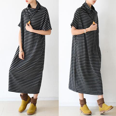 Spring short sleeve striped pullover caftans high neck design plus sized dress - Omychic
