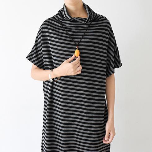 Spring short sleeve striped pullover caftans high neck design plus sized dress - Omychic