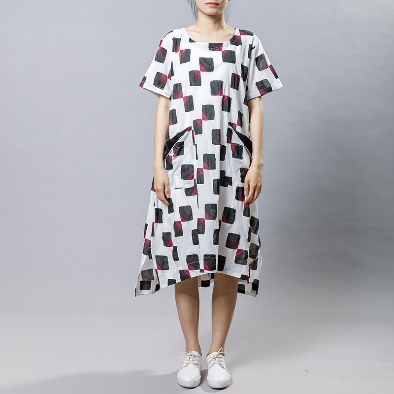 Square Printed Irregular Pockets Loose Dress - Omychic