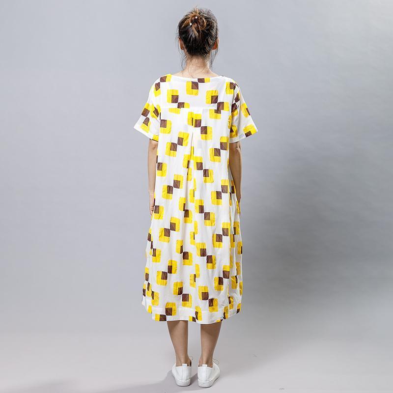 Square Printed Irregular Pockets Loose Dress - Omychic