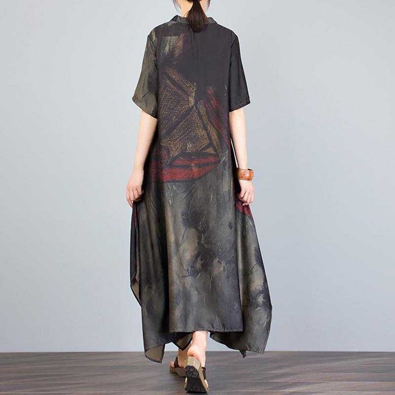 Stand Collar Irregular Loose Print Dress - Omychic