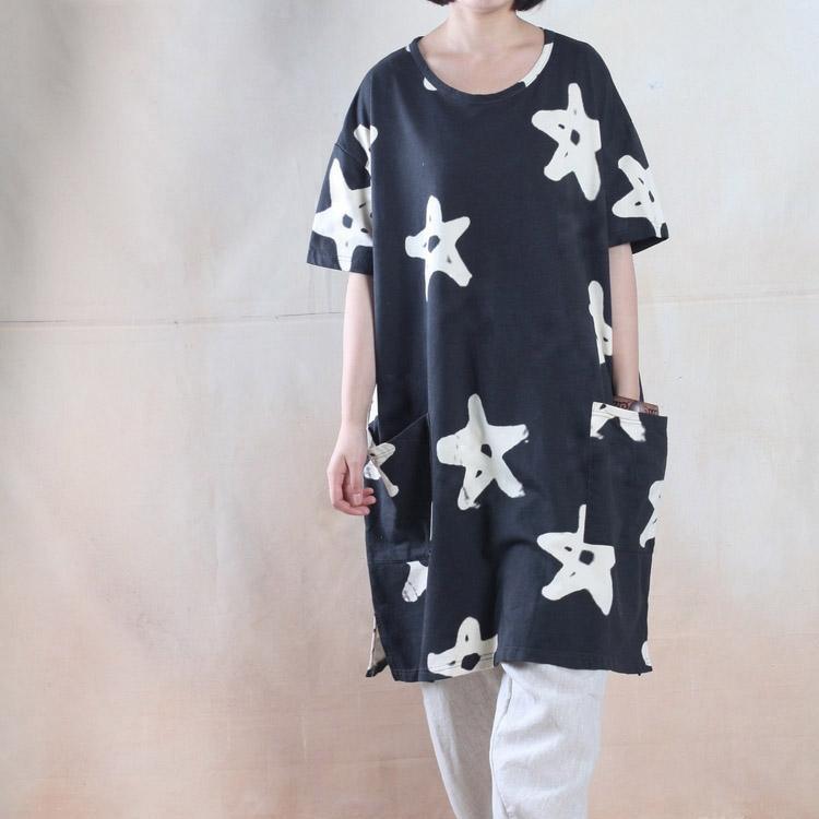 Star print oversize sundress baggy summer dresses cotton caftan shirt Navy - Omychic
