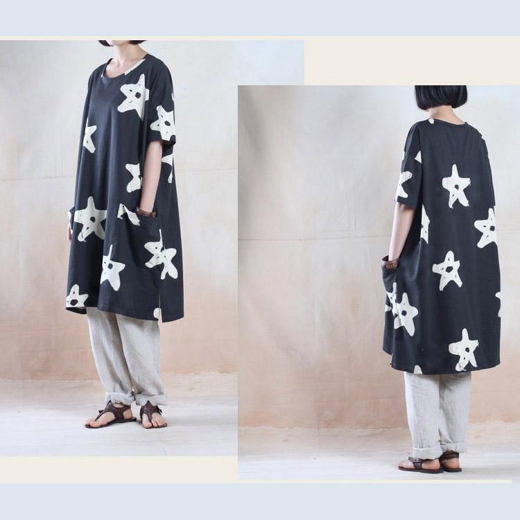 Star print oversize sundress baggy summer dresses cotton caftan shirt Navy - Omychic