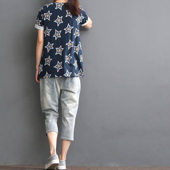 Star print short sleeve linen blouse top women shirt summer - Omychic