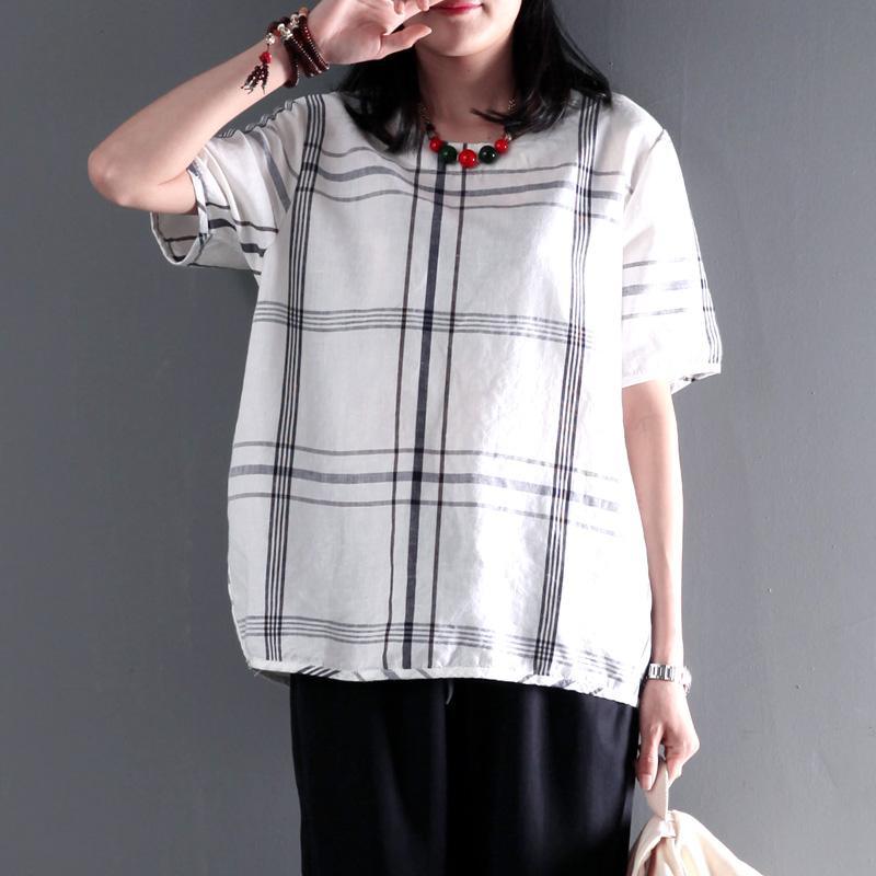 Stay wise white cotton plaid women summer shirt blouse top plus size - Omychic