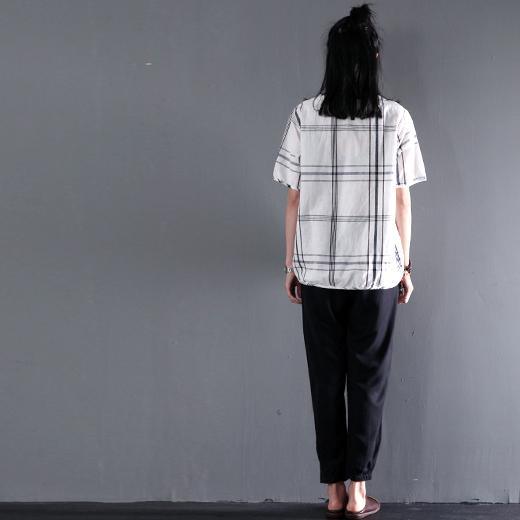 Stay wise white cotton plaid women summer shirt blouse top plus size - Omychic