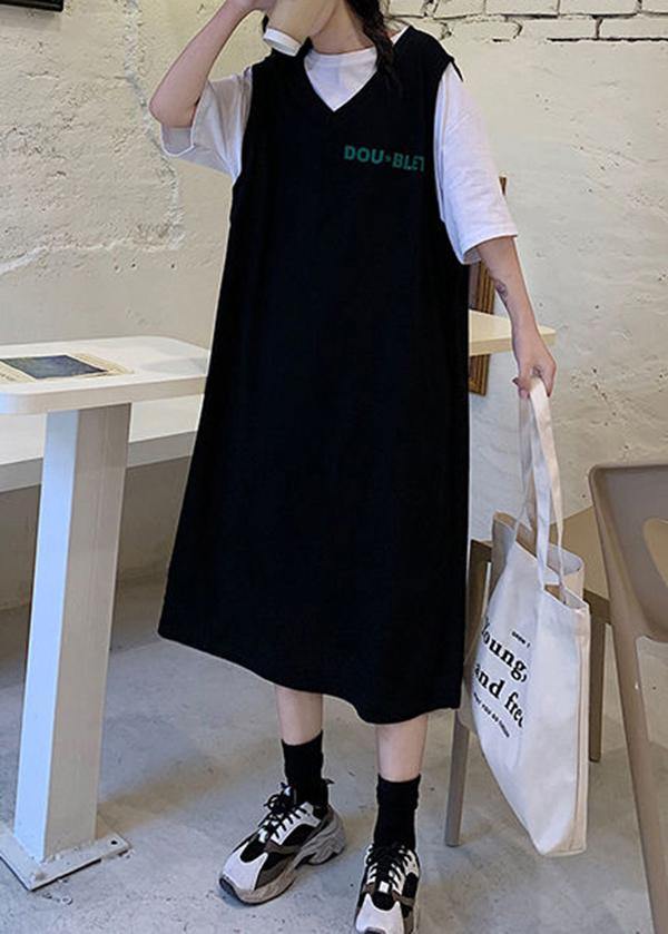 Stitching Black Fake Two Large T-shirt Loose Dress - Omychic