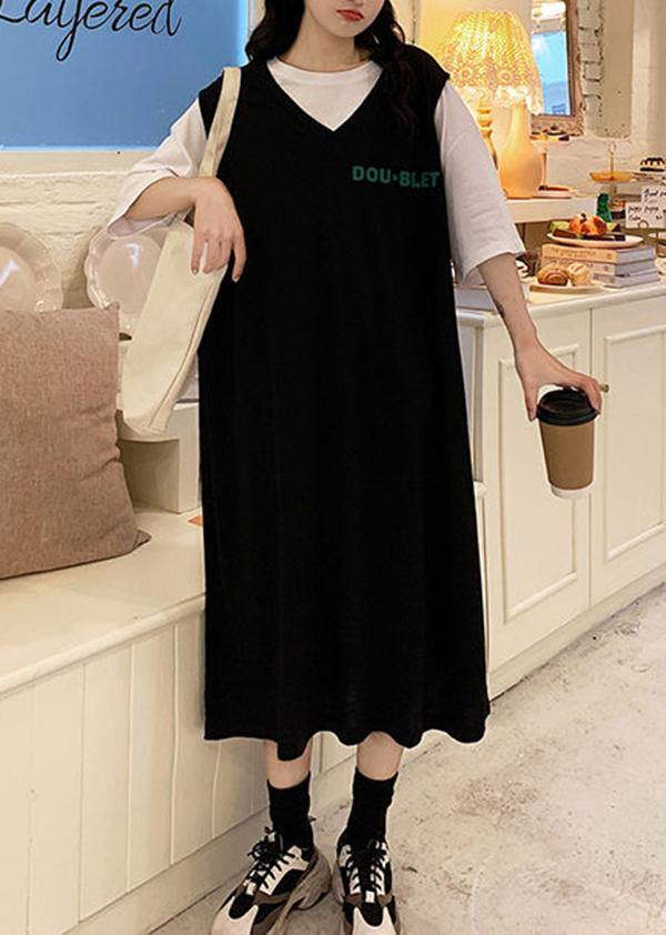 Stitching Black Fake Two Large T-shirt Loose Dress - Omychic