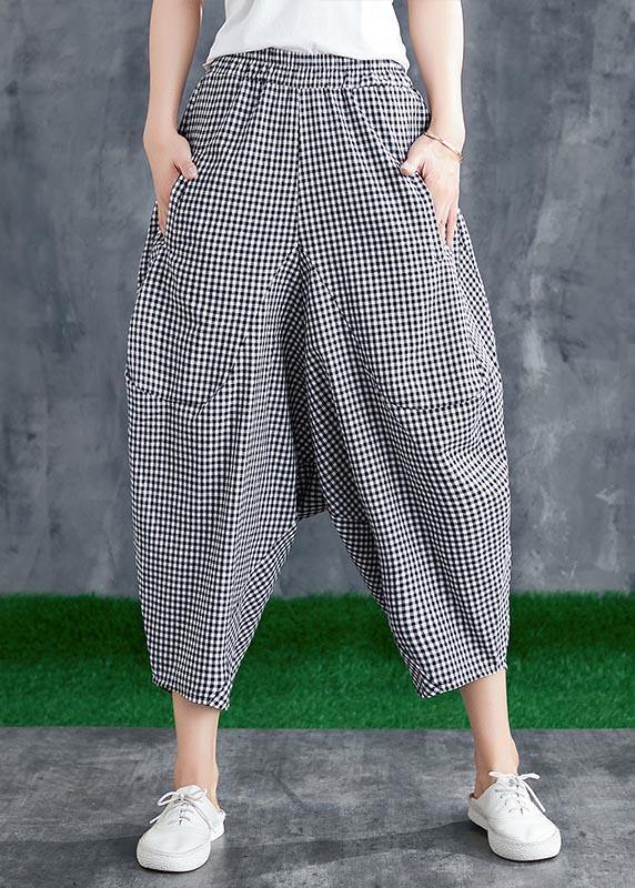 Stitching Cotton Linen Drop Crotch Pants Summer Linen Plaid Loose Large Size - Omychic