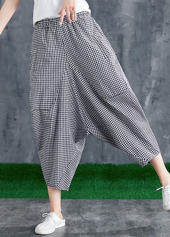 Stitching Cotton Linen Drop Crotch Pants Summer Linen Plaid Loose Large Size - Omychic