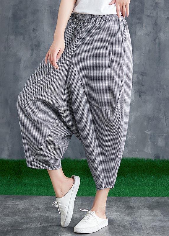 Stitching Cotton Linen Drop Crotch Pants Summer Linen Plaid Loose Large Size - Omychic