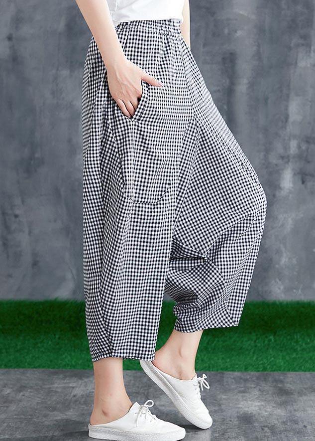 Stitching Cotton Linen Drop Crotch Pants Summer Linen Plaid Loose Large Size - Omychic