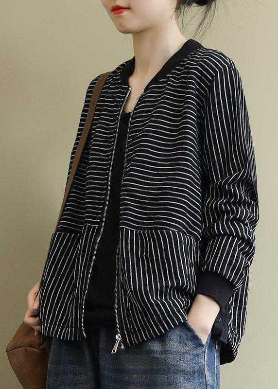 Street Black Striped zippered Pockets Fall Jacket Long sleeve - Omychic