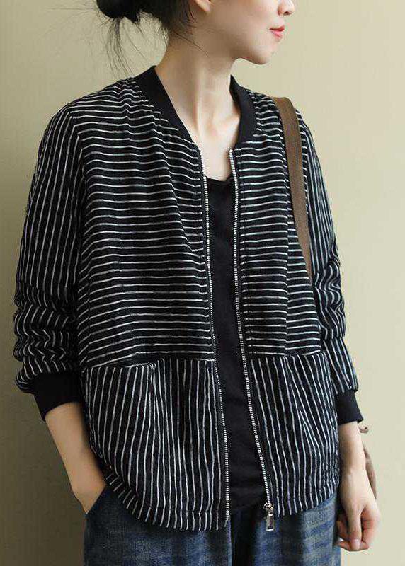 Street Black Striped zippered Pockets Fall Jacket Long sleeve - Omychic