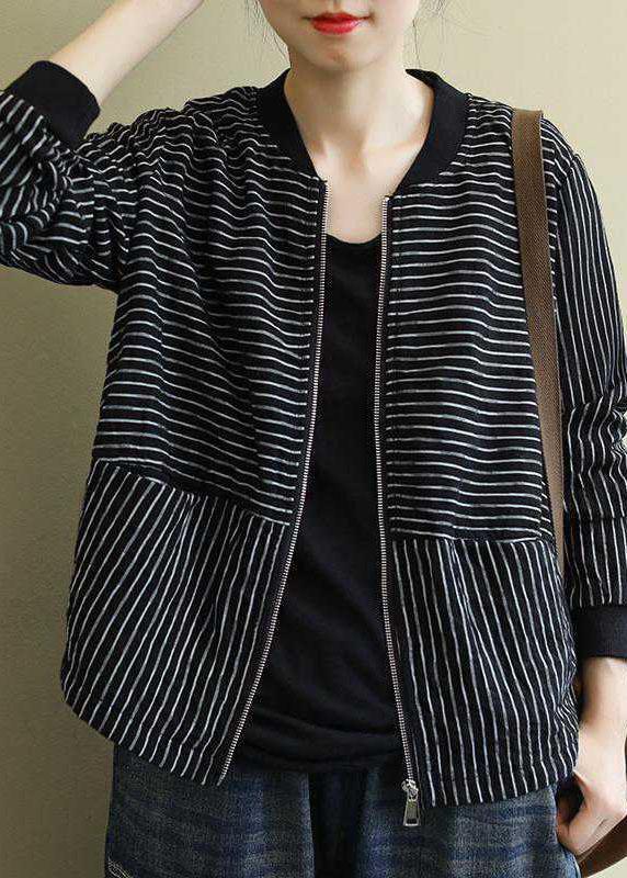 Street Black Striped zippered Pockets Fall Jacket Long sleeve - Omychic