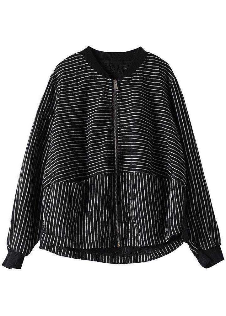 Street Black Striped zippered Pockets Fall Jacket Long sleeve - Omychic