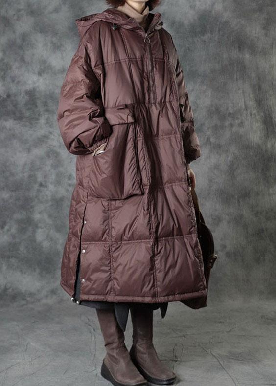 Street Chocolate Hooded Pockets Button Winter Zippered Duck Down Winter Coats Long Sleeve - Omychic