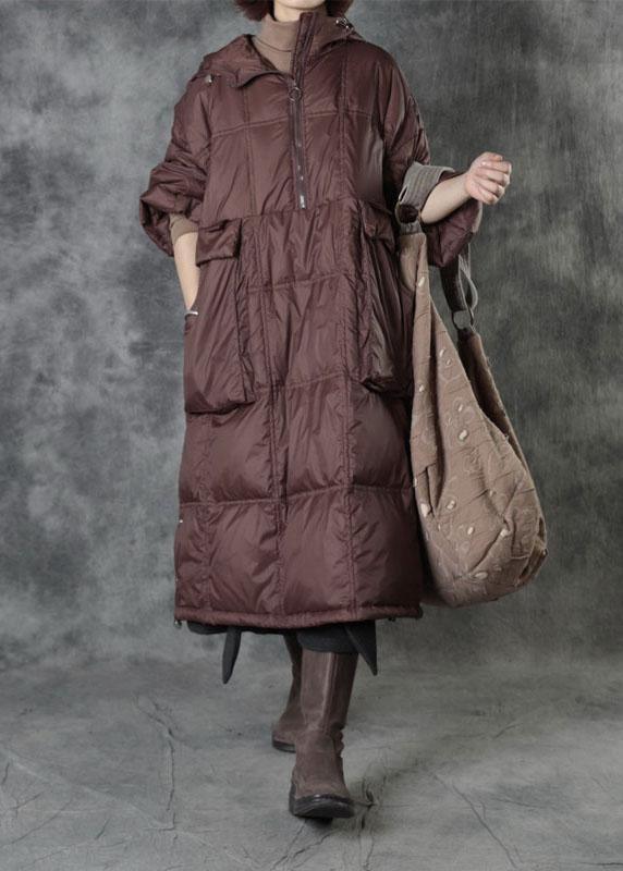 Street Chocolate Hooded Pockets Button Winter Zippered Duck Down Winter Coats Long Sleeve - Omychic