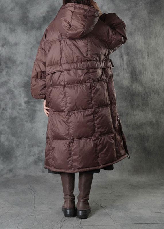 Street Chocolate Hooded Pockets Button Winter Zippered Duck Down Winter Coats Long Sleeve - Omychic