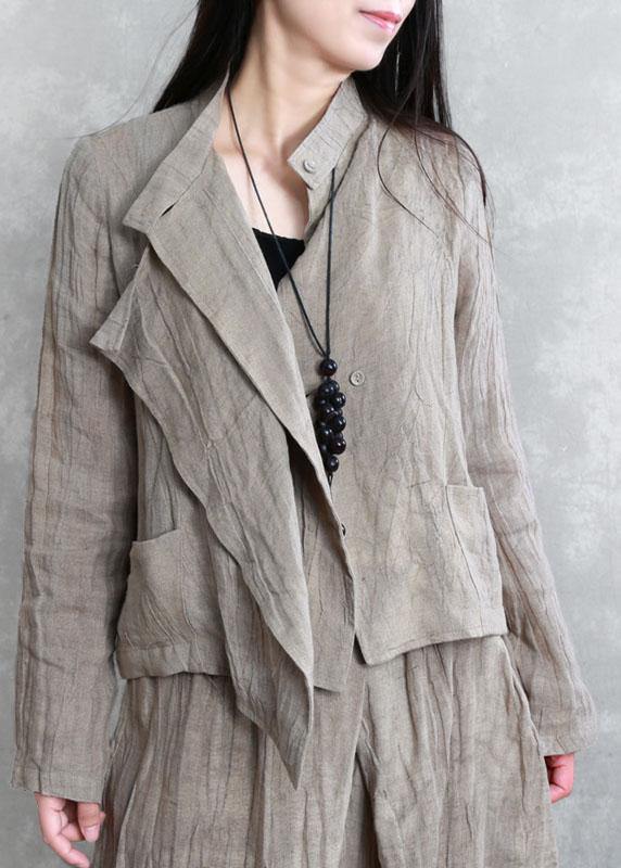 Street Khaki Asymmetrical Design PeterPan Collar Button Fall Coat Long Sleeve - Omychic