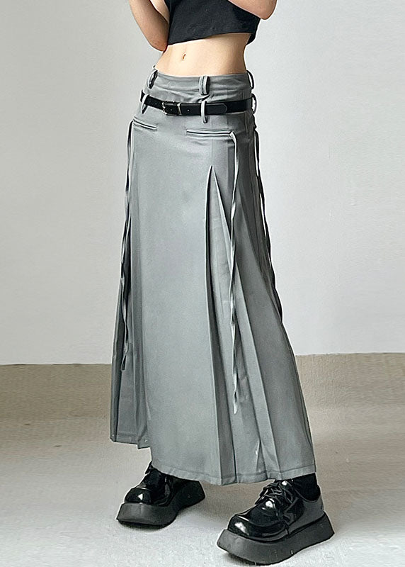 Streetwear Grey Wrinkled Tie Waist Patchwork Cotton Long Skirts Fall