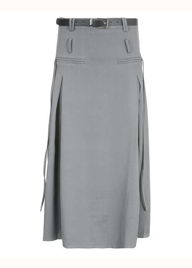 Streetwear Grey Wrinkled Tie Waist Patchwork Cotton Long Skirts Fall